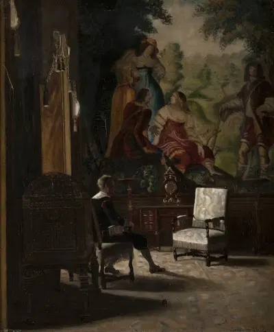 Gripsholm, interiör från Kungens sängkammare med manlig staffagefigur by Edvard Perséus — digital art print download