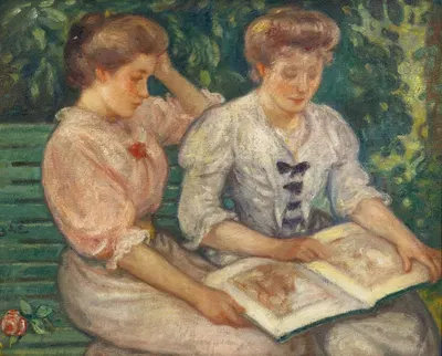 Бланш Виа и Элис Виа (две молодые девушки, читающие на скамейке) by Жорж д'Эспаньят, 1903 — digital art print download
