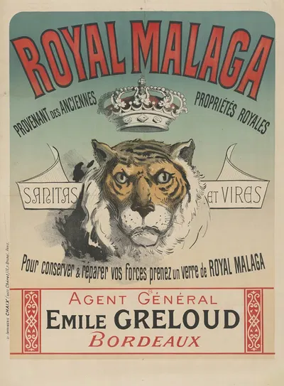 Royal Malaga. sanitas et vires. pour conserver & réparer vos forces, prenez un verre de Royal Malaga by Jules Chéret, 1888…