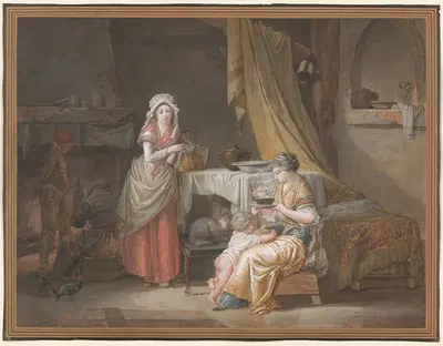 Домашний интерьер с молодой женщиной и кормилицей, кормящей ребенка by Жан-Батист Малле, 1796 — digital art print download