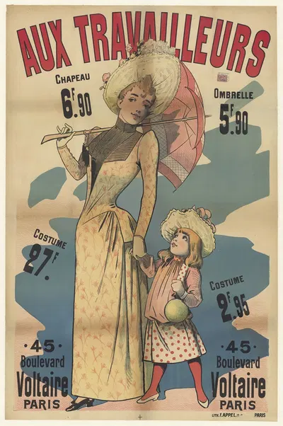 Aux Travailleurs. chapeau, costume. 45 Bd Voltaire by Lith. F. Appel, 1890 — digital art print download