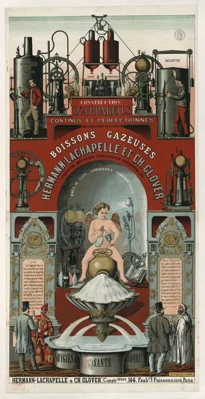 Construction d'appareils continus et perfectionnés. boissons gazeuses. Hygiène, santé, bonheur. Hermann-Lachapelle & Ch.…
