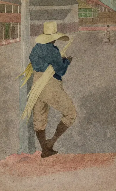 Чернокожий мужчина в соломенной шляпе, стоящий, очищающий тростник by Уильям Берриман, 1808-1815 — digital art print download