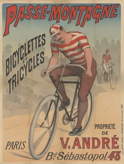Passe – Montagne, bicyclettes et tricycles. Propriété de V. André. Paris, Boulevard Sébastopol, 48 by lith. Henry Sicard &…