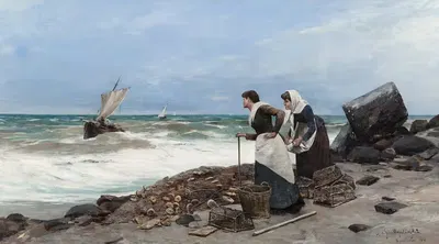 Женщины на берегу с рыболовными сетями и корзинами by Михаил Гортскин Вивиорский, 1886 — digital art print download