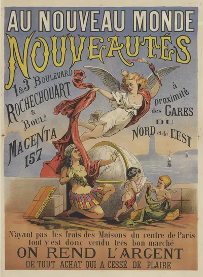 Au Nouveau Monde, nouveautés, 1 & 3 Boulevard Rochechouart, & Bould Magenta, 157 by Lith. Van Geleyn, 1872 — digital art…