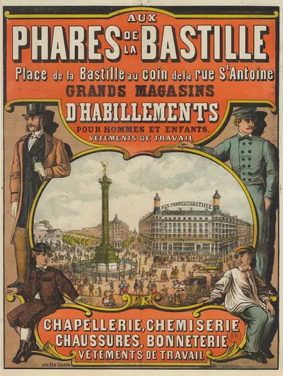Aux Phares de la Bastille, place de la Bastille au coin de la rue St. Antoine by Lith. Van Geleyn, 1869 — digital art print…