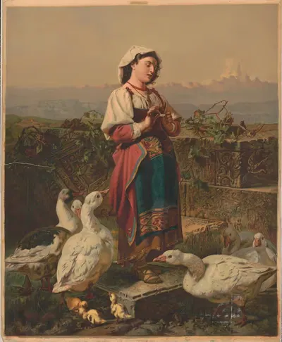 Девушка с гусями и гусятами на фоне гор by А. и К. Кауфман, 1873 — digital art print download