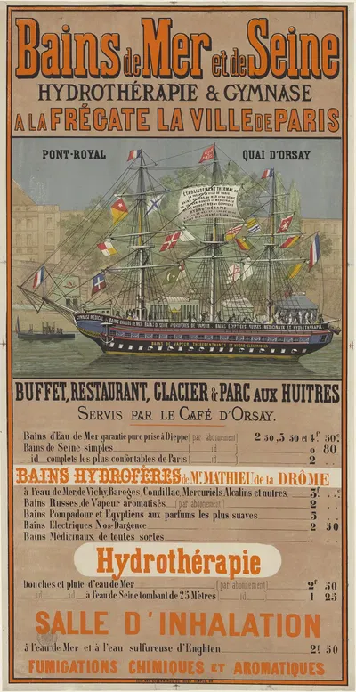 Bains de mer et de Seine, hydrothérapie & gymnase à la frégate La Ville de Paris by Lith. Van Geleyn, 1863 — digital art…