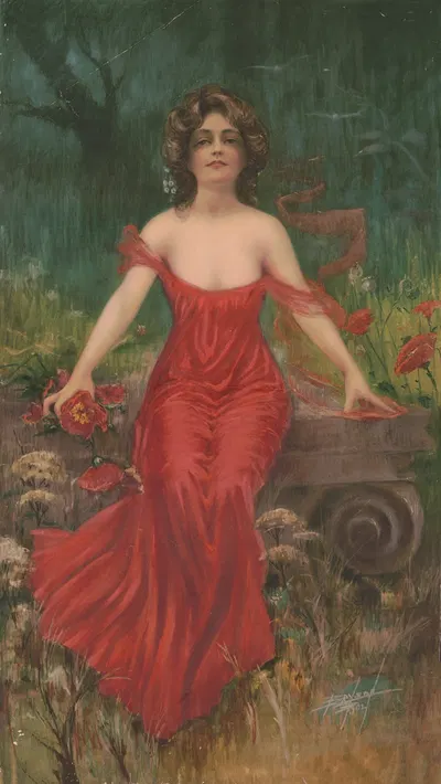 Женщина в красном платье, сидящая в саду by Брайсон, 1902 — digital art print download