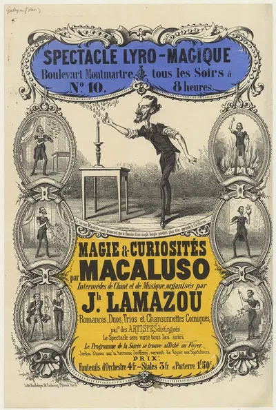 Spectacle lyro-magique, Boulevart sic Montmartre n°10, tous les soirs, Magie & curiosités par Macaluso by Lith. Van Geleyn,…