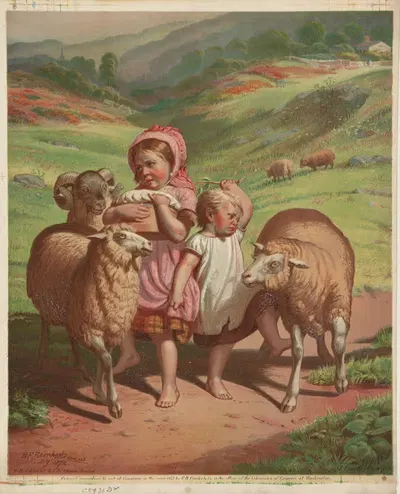 Two children among 2 sheep and 1 ram by Crosby — digital art print download