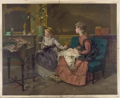 Две девушки, одна читает, другая шьет by Эдмунд Фёрстер и Ко, 1873 — digital art print download