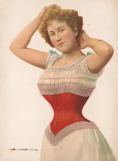 Woman wearing a red corset by F. B. Patterson, 1899 — digital art print download