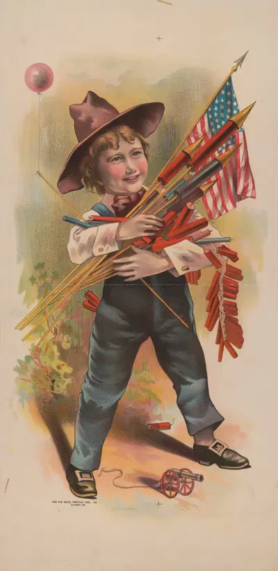 Boy with fireworks, balloon, and toy cannon by Fair Pub. House, 1901 — digital art print download