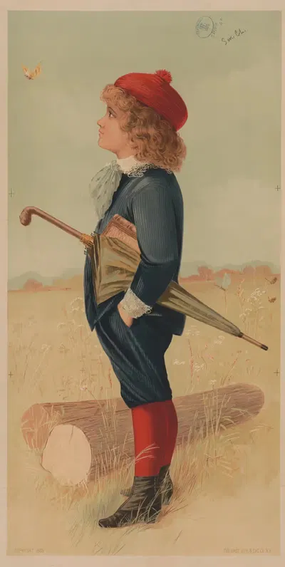 Boy in a field with umbrella and book watching a butterfly by Gast Lith. & Eng. Co., 1889 — digital art print download
