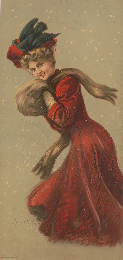 Женщина в красном пальто и шляпе с меховым шарфом в снегу by Грей Литхо. Ко, 1907 — digital art print download