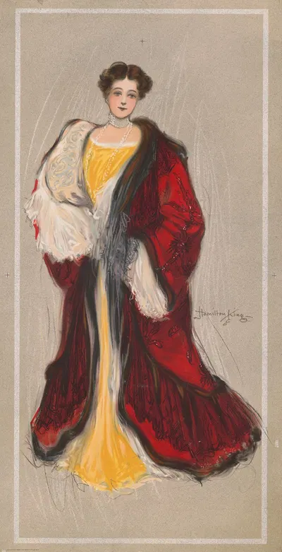Женщина в желтом платье и красном пальто by Гамильтон Кинг, 1905 — digital art print download