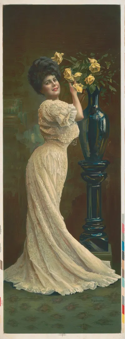 Woman with lace dress arranging yellow roses in a vase by Meek Company, 1907 — digital art print download