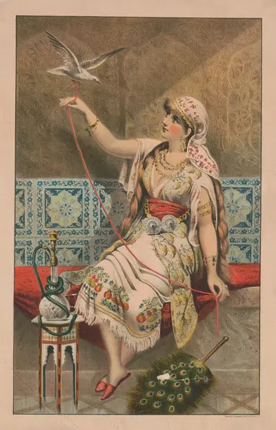 Женщина, сидящая с павлиньим веером, кальяном и белой птицей by Менсинг и Штехер, 1888 — digital art print download