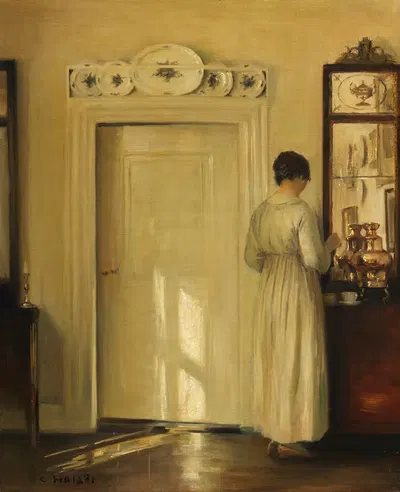 Интерьер с женщиной, готовящей чай by Карл Вильгельм Хольсё, 1900-1910 — digital art print download