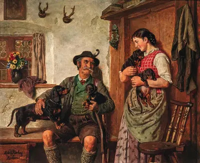Охотник с щенками альпийской таксы by Адольф Эберле — digital art print download