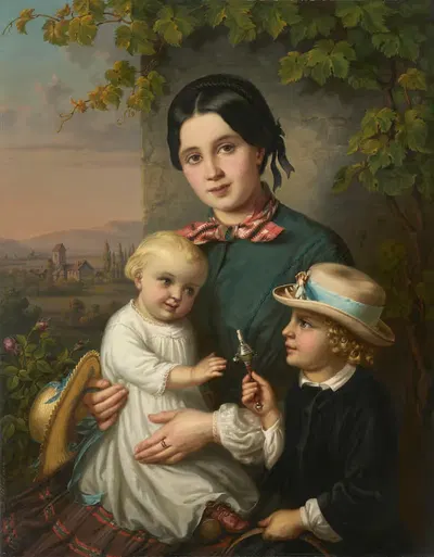 Портрет молодой женщины с двумя детьми by Доминик Вебер, 1854 — digital art print download