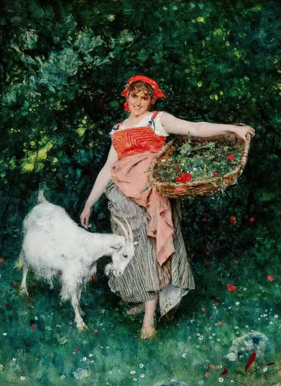 Молодая итальянка с козой и корзиной цветов by Франческо Винеа, 1882 — digital art print download