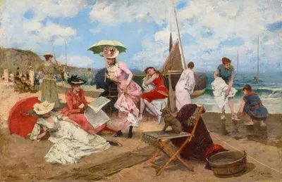 Mujeres elegantes en la playa con perro by Francisco Miralles Y Galup — digital art print download