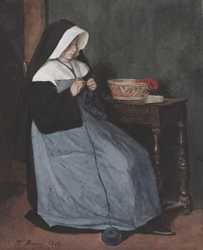 Монахиня, сидящая за столом и вяжущая by Франсуа Бонвен, 1862 — digital art print download