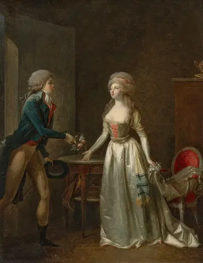 A young man presenting a lady with a bouquet of flowers in an interior by Jean-Simon Fournier — digital art print download