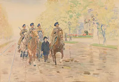 Patrol konny w Alejach Ujazdowskich w 1905 by Stanisław Masłowski — digital art print download