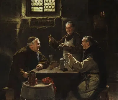 Drei Mönche bei der Vesper-Mahlzeit. by Adolf Humborg — digital art print download