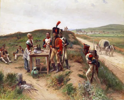 Soldiers taking a break by a female sutler by Adrien Moreau — digital art print download