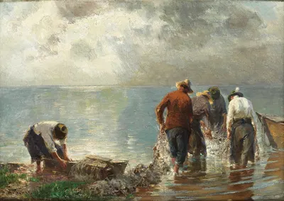 Рыбаки, вытаскивающие сети на озере Химзее by Йозеф Вопфнер — digital art print download