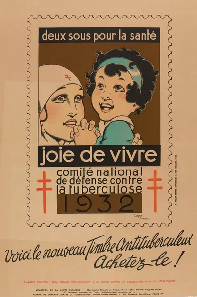 Deux sous pour la santé. Joie de vivre. 1932. Voici le nouveau Timbre Antituberculeux. Achetez-le! by Рене Винсент, 1932 —…