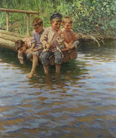 Four boys on the bank jetty while fishing by Nikolai Bogdanov-Belsky — digital art print download
