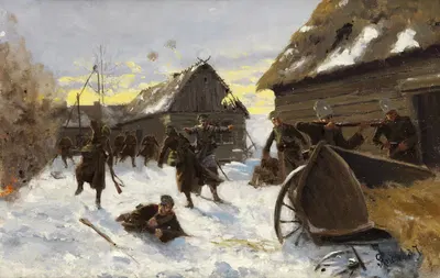 Военное сражение в снежной деревне by Ричард Кнётель — digital art print download
