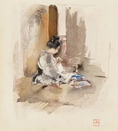 Японская девушка, шьющая by Роберт Фредерик Блум, 1890 — digital art print download