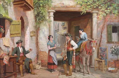 Испанская уличная сцена с фигурами и ослом у таверны by Артур Тревор Хэддон — digital art print download