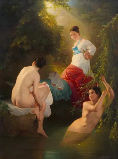 Три купающиеся женщины by Август Ридель — digital art print download