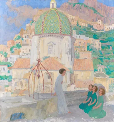Девушка у фонтана перед Санта-Мария Ассунта в Позитано by Карл Плюкебаум, 1910-1915 — digital art print download