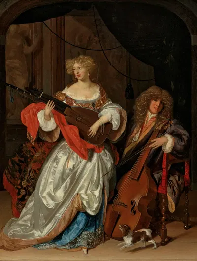 A lady playing a lute and a gentleman with a viola da gamba by Eglon van der Neer — digital art print download