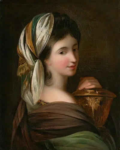 Portrait of a lady, bust-length, as a Vestal Virgin, holding a vase by George Willison — digital art print download