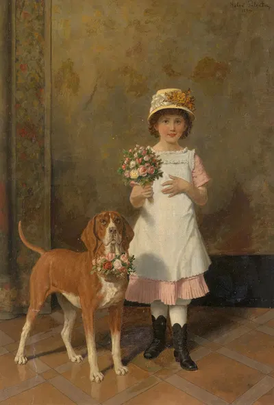 Mädchen mit Hund by Hubert Salentin, 1884 — digital art print download