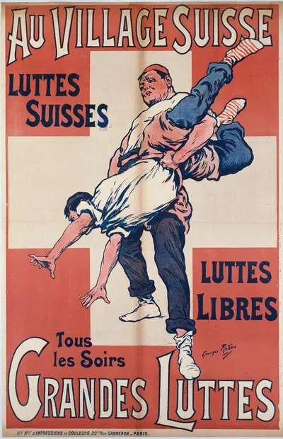 Au Village Suisse Luttes Suisses Luttes Libres Tous Les Soirs Grandes Luttes by Жорж Редон, 1900 — digital art print download