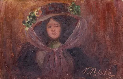 Bust of a woman in a large hat with flowers by Karol Biske, 1910 — digital art print download
