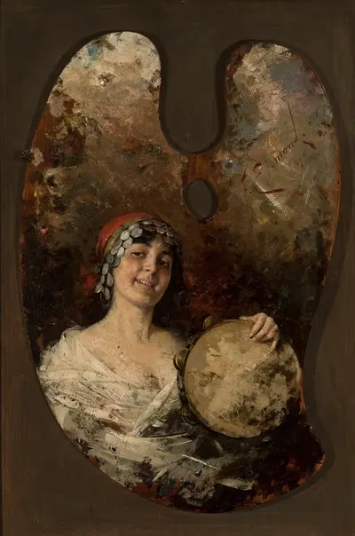 Palette with a portrait of a young Gipsy woman by Franciszek Ejsmond, 1894 — digital art print download