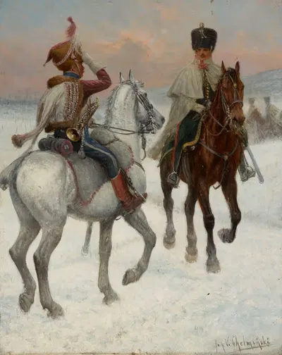 Трубач 13-го гусарского полка, офицер 1-го кавалерийского стрелкового полка by Ян Хелминьский — digital art print download