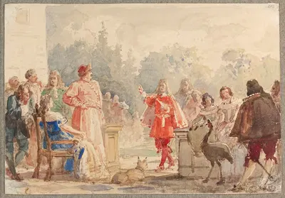 Jan III Sobieski with his family on a terrace in Wilanów listening to the poem by Canon Ustrzycki 'Sobiesciada' (1686) by…